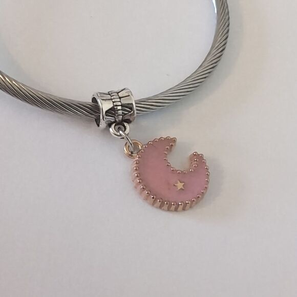 Gold with Pink Studded Moon & Star Dangle‎ Charm for Pandora Style Bracelet - Picture 3 of 4